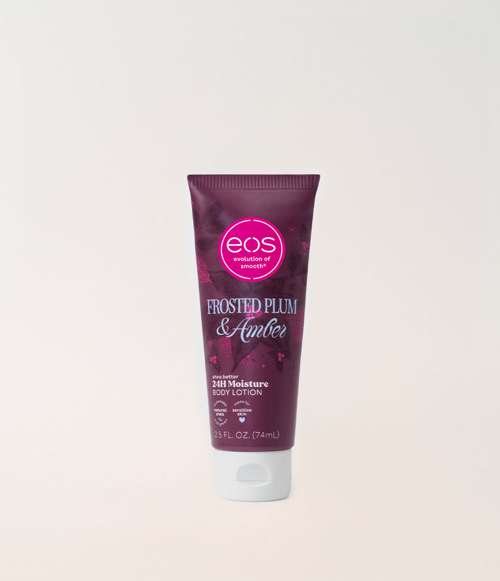 EOS Frosted Plum & Amber travel body lotion tube